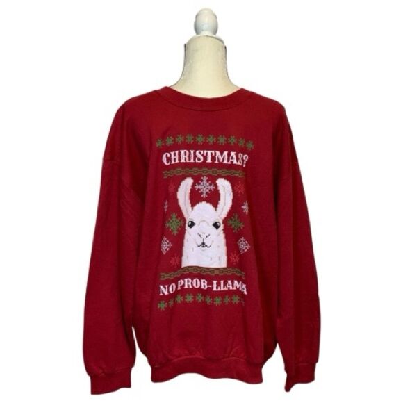 Anvil Men’s Red Christmas Llama Crewneck Sweater Size XLarge - Picture 1 of 14